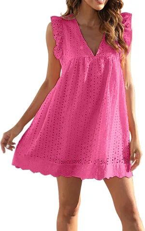 Womens Summer Dresses Cap Sleeve Babydoll Eyelet Ruffle V Neck Mini Dress Plus Size Casual Loose Sundress with Pockets Party