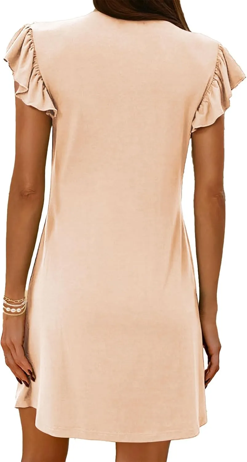 Women's Summer Dresses Casual Babydoll Mini Dress Ruffle Sleeve Deep V Neck T Shirt Dress Tunic Sundress