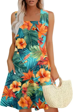 Womens Summer Dresses Casual Beach Vacation Sleeveless Tank Sundresses Boho Hawaiian Dress with Pockets