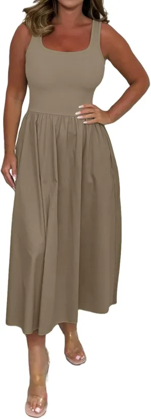 Womens Summer Dresses Casual Maxi Dress Flowy Business Tank Dress Long Sleeveless Beach Vacation Midi Sundress