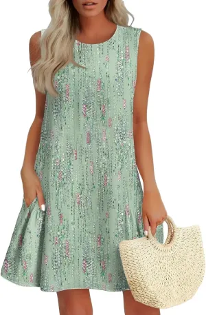 Womens Summer Dresses Casual Sleeveless Tank Dress Business Ruffle Hem Crewneck Trendy Mini Dresses