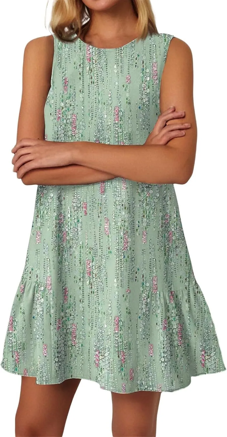 Womens Summer Dresses Casual Sleeveless Tank Dress Business Ruffle Hem Crewneck Trendy Mini Dresses