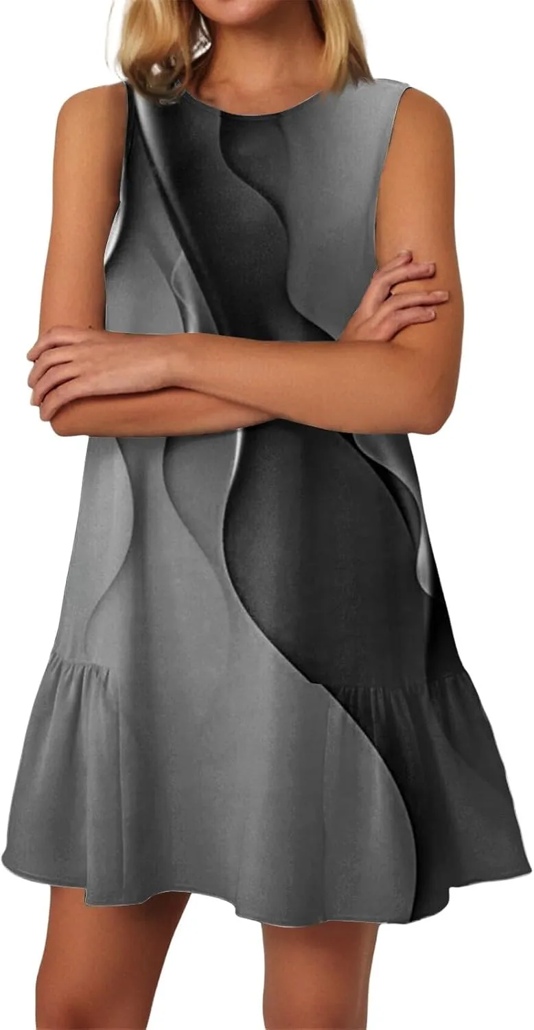 Womens Summer Dresses Casual Sleeveless Tank Dress Business Ruffle Hem Crewneck Trendy Mini Dresses