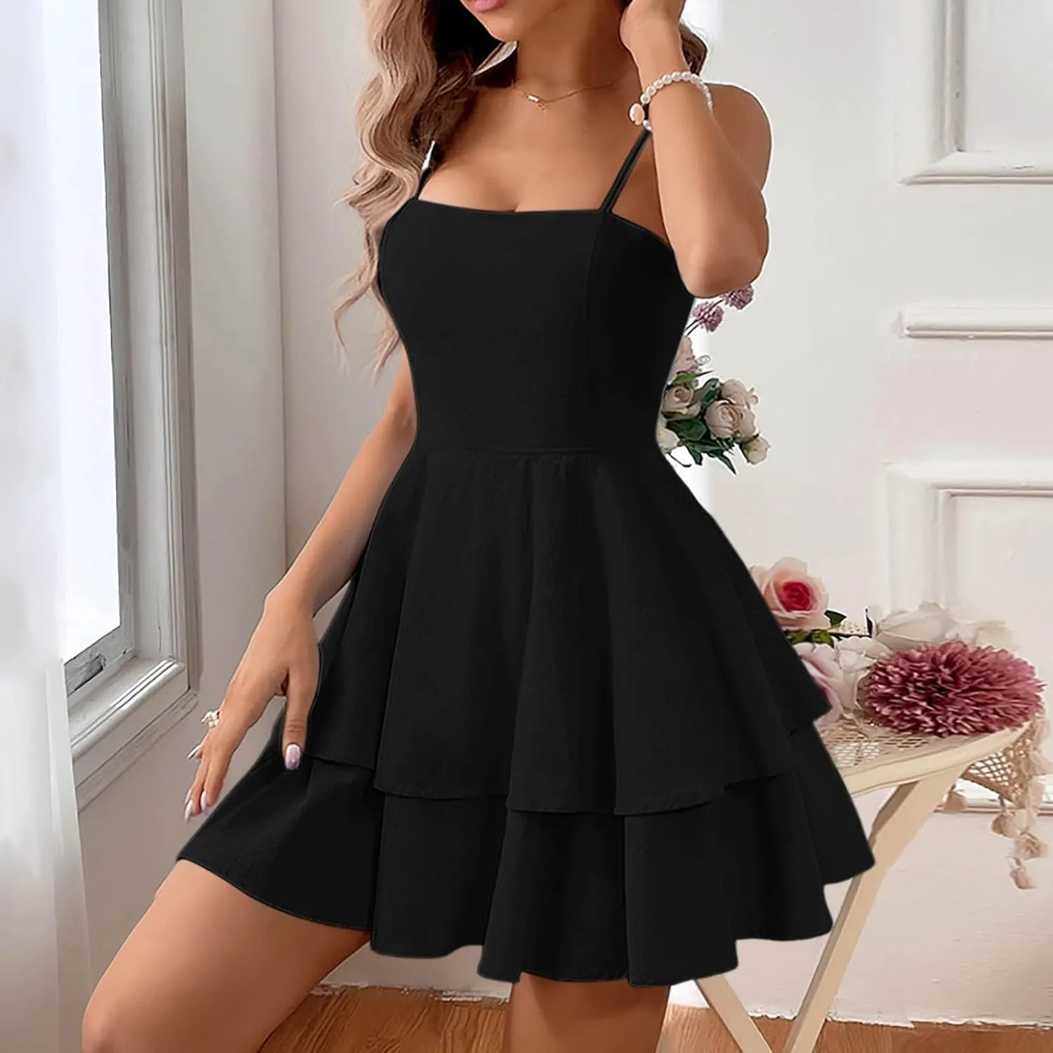 Womens Summer Dresses Solid Spaghetti Strap Loose Coverup Mini Dresses Back Bowknot Ruffle Hem 2025 Party Skirt