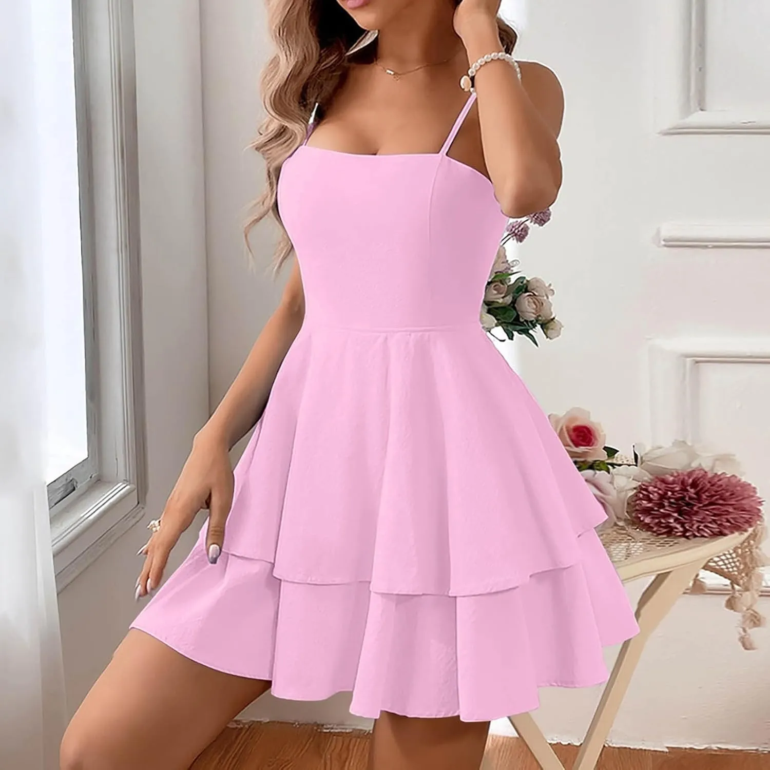 Womens Summer Dresses Solid Spaghetti Strap Loose Coverup Mini Dresses Back Bowknot Ruffle Hem 2025 Party Skirt