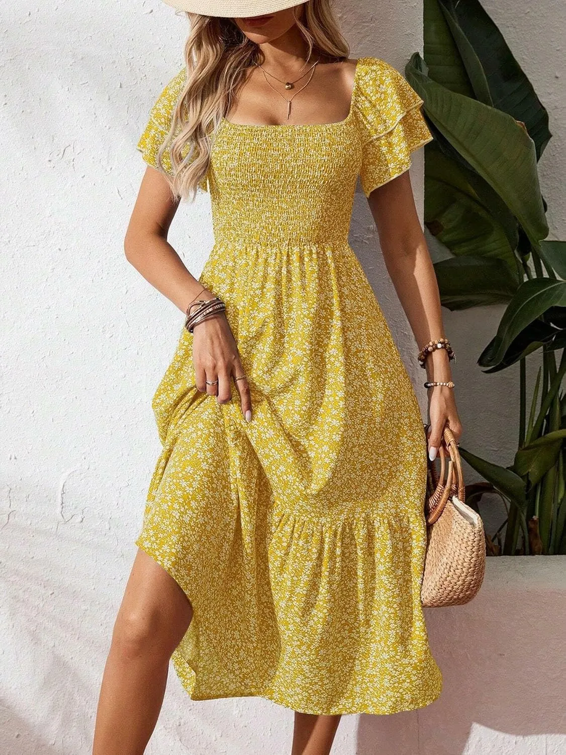 Women's Summer Fashion Square Neck Pleated Bubble Sleeve Off Shoulder Long Skirt with Floral Patterns and a Large Swing Dress