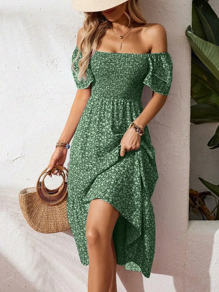 Women's Summer Fashion Square Neck Pleated Bubble Sleeve Off Shoulder Long Skirt with Floral Patterns and a Large Swing Dress