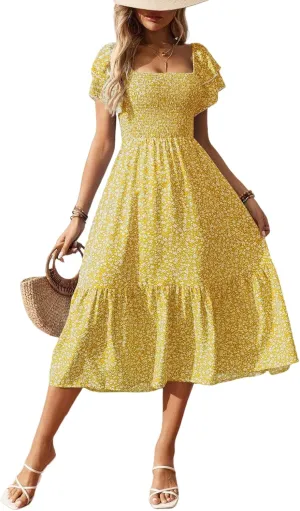 Women's Summer Fashion Square Neck Pleated Bubble Sleeve Off Shoulder Long Skirt with Floral Patterns and a Large Swing Dress