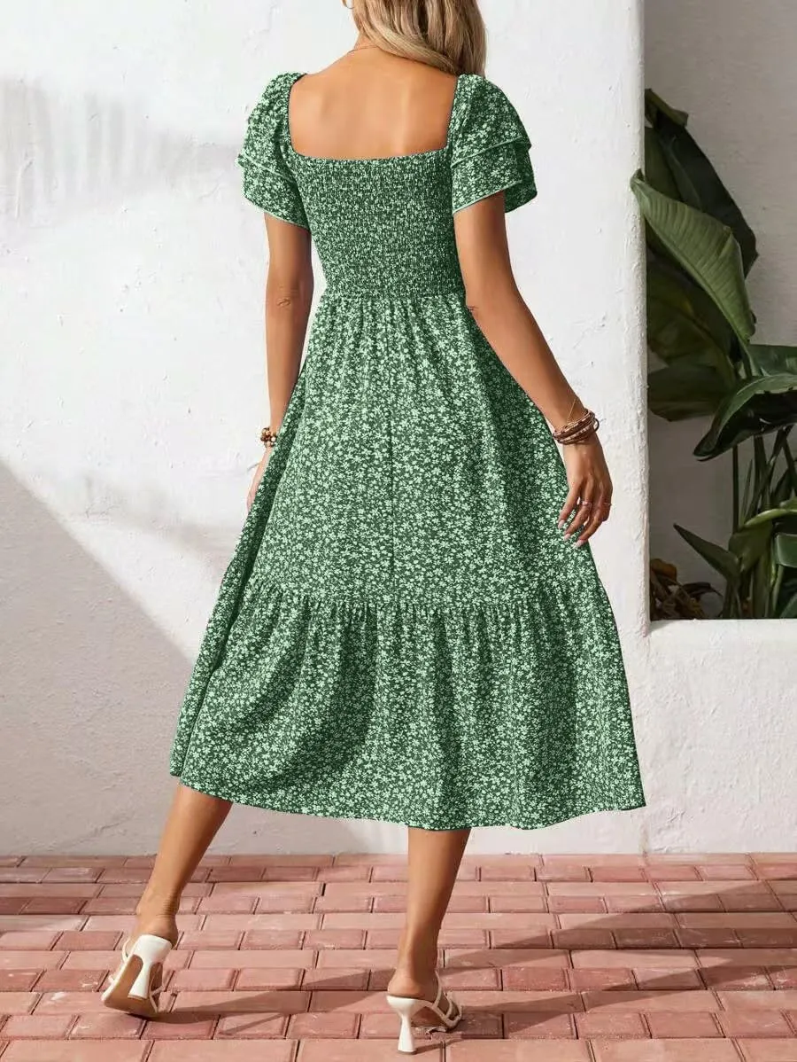 Women's Summer Fashion Square Neck Pleated Bubble Sleeve Off Shoulder Long Skirt with Floral Patterns and a Large Swing Dress