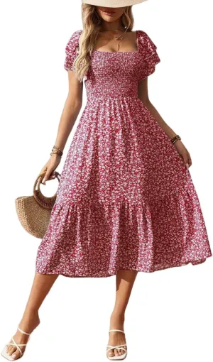 Women's Summer Fashion Square Neck Pleated Bubble Sleeve Off Shoulder Long Skirt with Floral Patterns and a Large Swing Dress