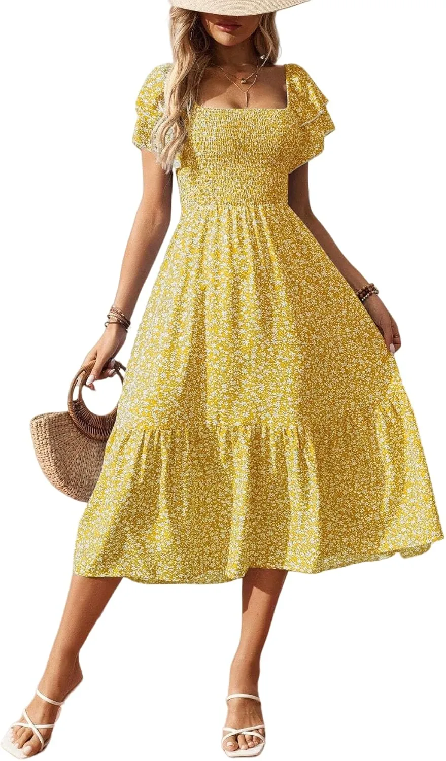Women's Summer Fashion Square Neck Pleated Bubble Sleeve Off Shoulder Long Skirt with Floral Patterns and a Large Swing Dress