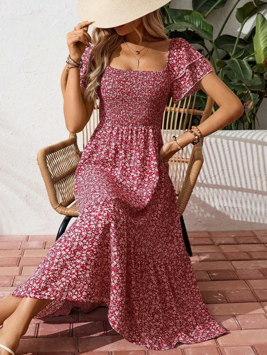Women's Summer Fashion Square Neck Pleated Bubble Sleeve Off Shoulder Long Skirt with Floral Patterns and a Large Swing Dress