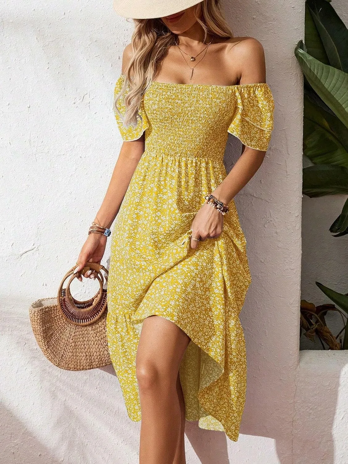 Women's Summer Fashion Square Neck Pleated Bubble Sleeve Off Shoulder Long Skirt with Floral Patterns and a Large Swing Dress