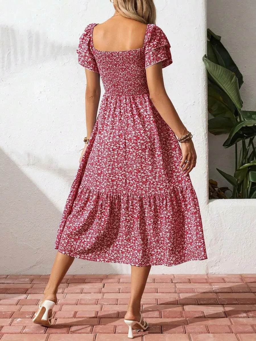 Women's Summer Fashion Square Neck Pleated Bubble Sleeve Off Shoulder Long Skirt with Floral Patterns and a Large Swing Dress