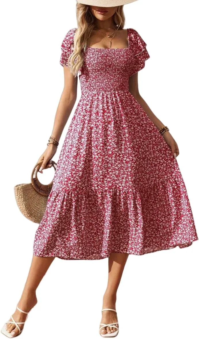 Women's Summer Fashion Square Neck Pleated Bubble Sleeve Off Shoulder Long Skirt with Floral Patterns and a Large Swing Dress