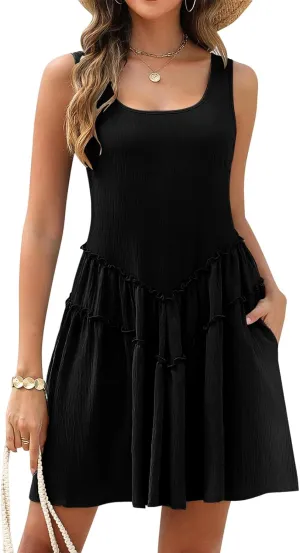 Womens Summer Mini Dress Casual U Neck Sleevelss Strap Dresses Flowy Loose Fit Ruffle Hem Vacation Beach Sundress