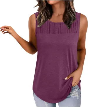 Women's Summer Pleated Front Tank Top Sleeveless Crewneck Business Casual Loose Shirts 2025 Fashion Tunic Tops
