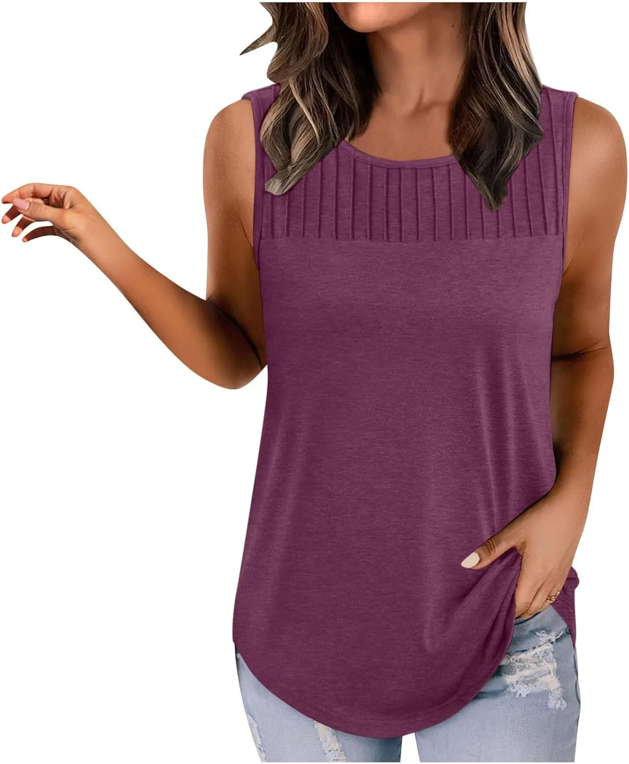 Women's Summer Pleated Front Tank Top Sleeveless Crewneck Business Casual Loose Shirts 2025 Fashion Tunic Tops