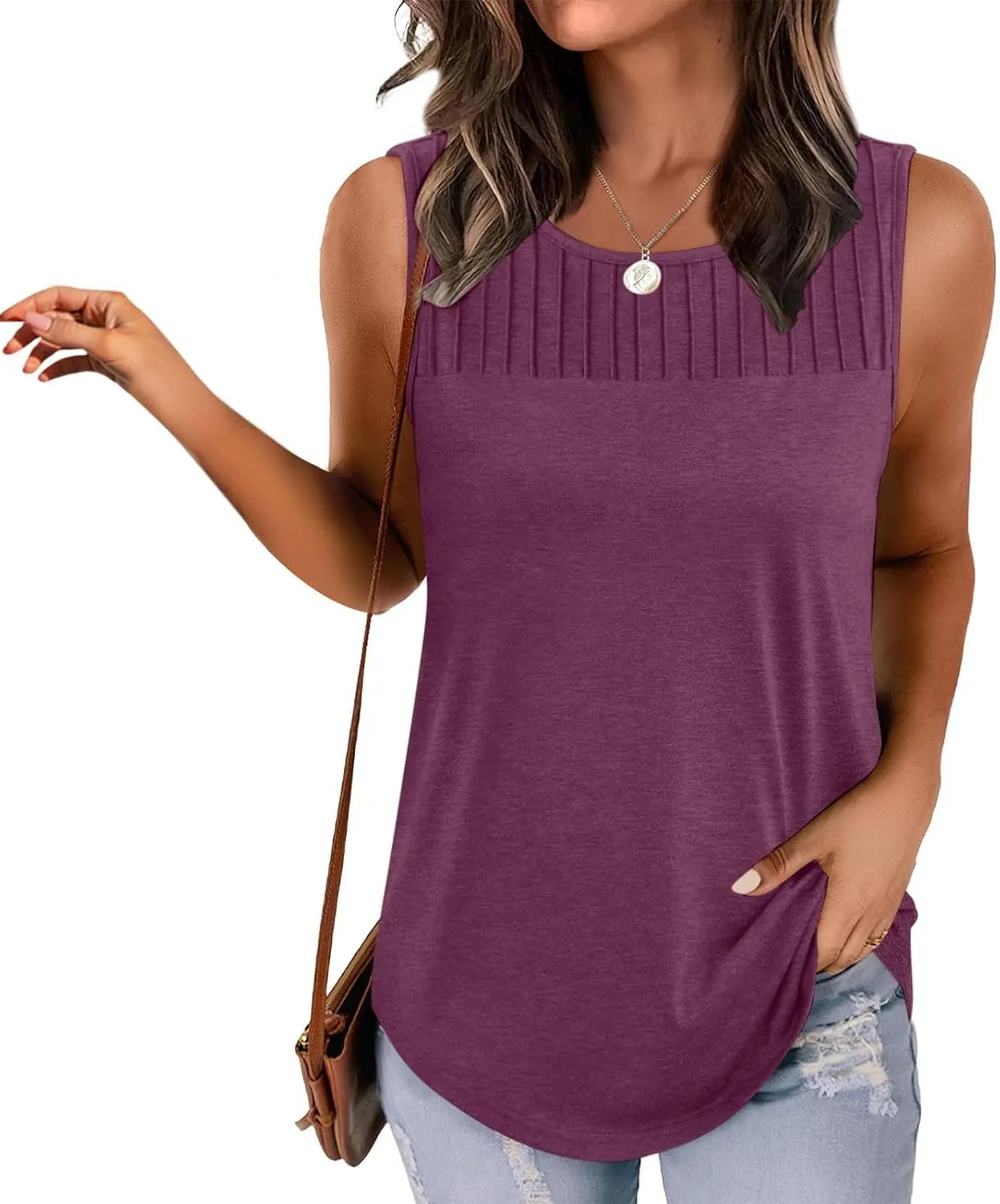 Women's Summer Pleated Front Tank Top Sleeveless Crewneck Business Casual Loose Shirts 2025 Fashion Tunic Tops