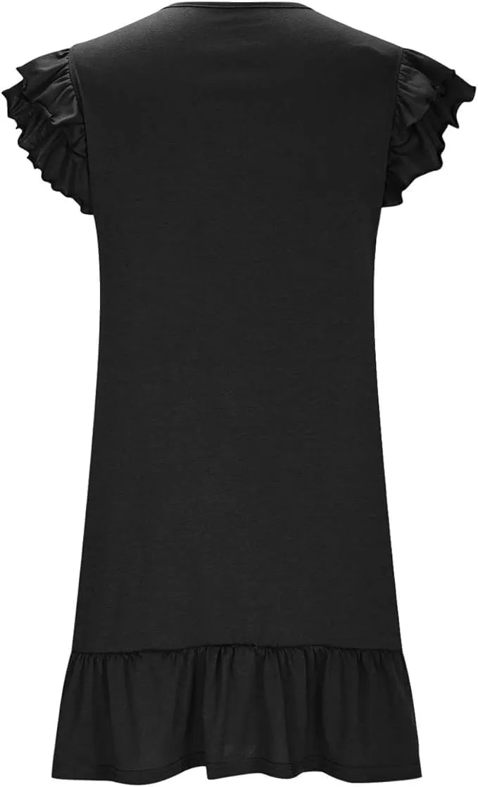 Women's Summer Ruffle Cap Sleeveless Smocked Textured Dress V Neck Flowy Mini Dresses Beach Tunic Swing Dress
