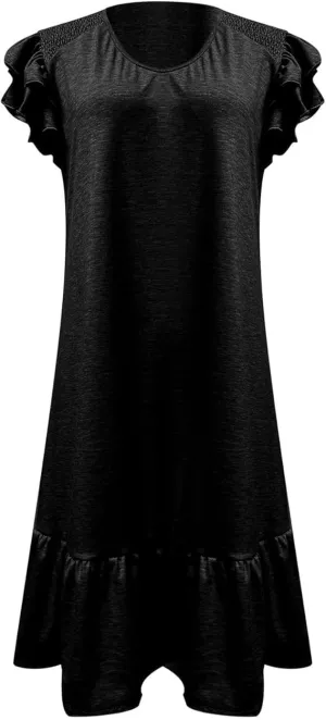 Women's Summer Ruffle Cap Sleeveless Smocked Textured Dress V Neck Flowy Mini Dresses Beach Tunic Swing Dress