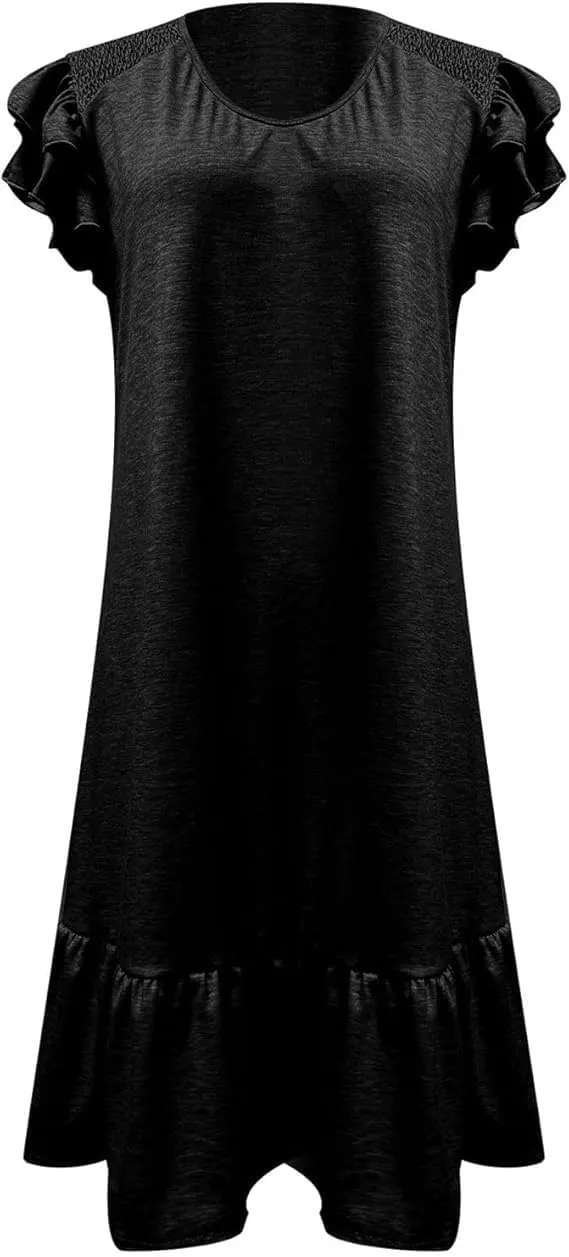 Women's Summer Ruffle Cap Sleeveless Smocked Textured Dress V Neck Flowy Mini Dresses Beach Tunic Swing Dress