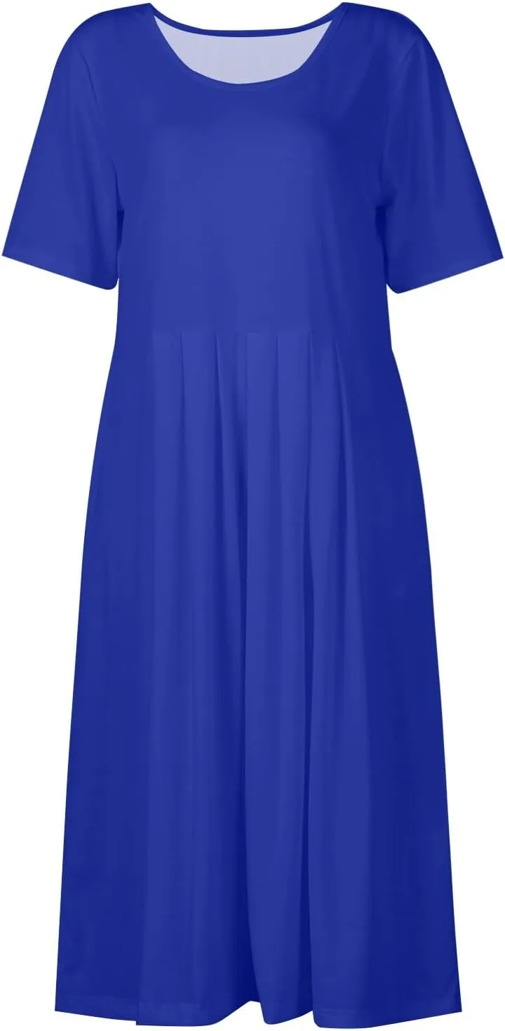 Women's Summer Short Sleeve A-Line Midi Dresses Casual Floral T-Shirt Dress Boho Beach Dresses with Pockets