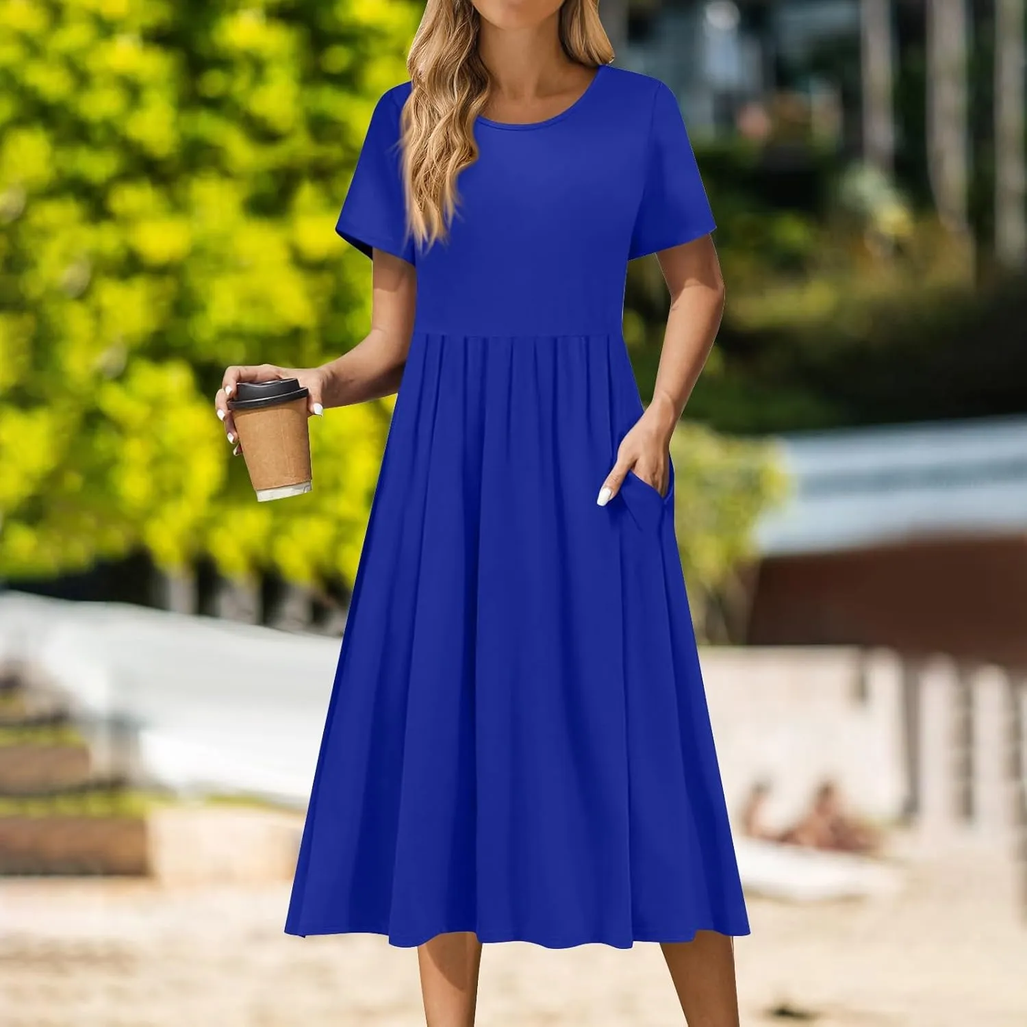 Women's Summer Short Sleeve A-Line Midi Dresses Casual Floral T-Shirt Dress Boho Beach Dresses with Pockets