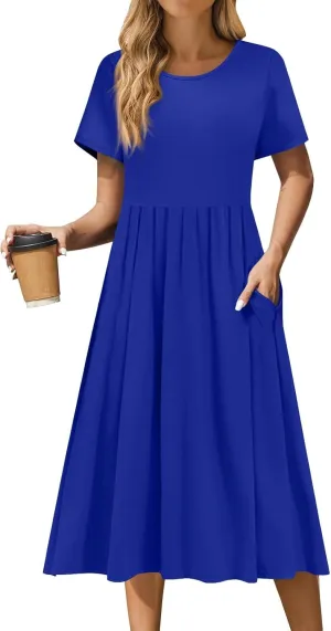 Women's Summer Short Sleeve A-Line Midi Dresses Casual Floral T-Shirt Dress Boho Beach Dresses with Pockets