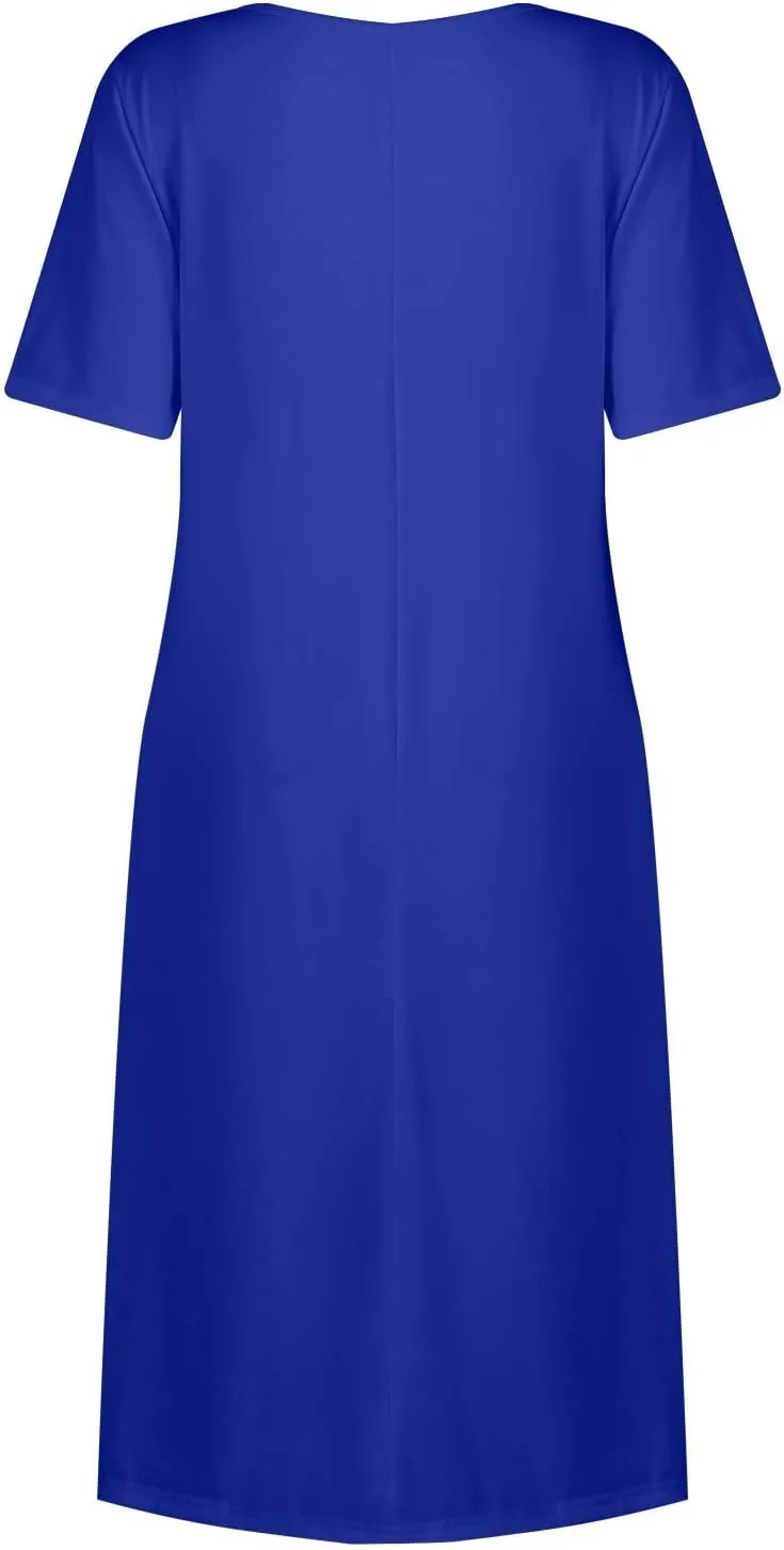 Women's Summer Short Sleeve A-Line Midi Dresses Casual Floral T-Shirt Dress Boho Beach Dresses with Pockets