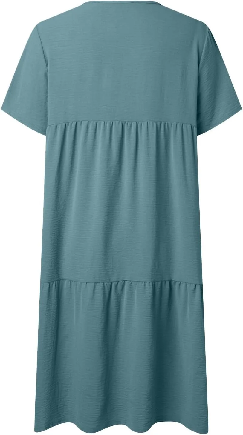 Women's Summer Short Sleeve Casual Dresses V-Neck Linen Loose Flowy Swing Maxi Dress Cute Boho Beach Elegant Sundress
