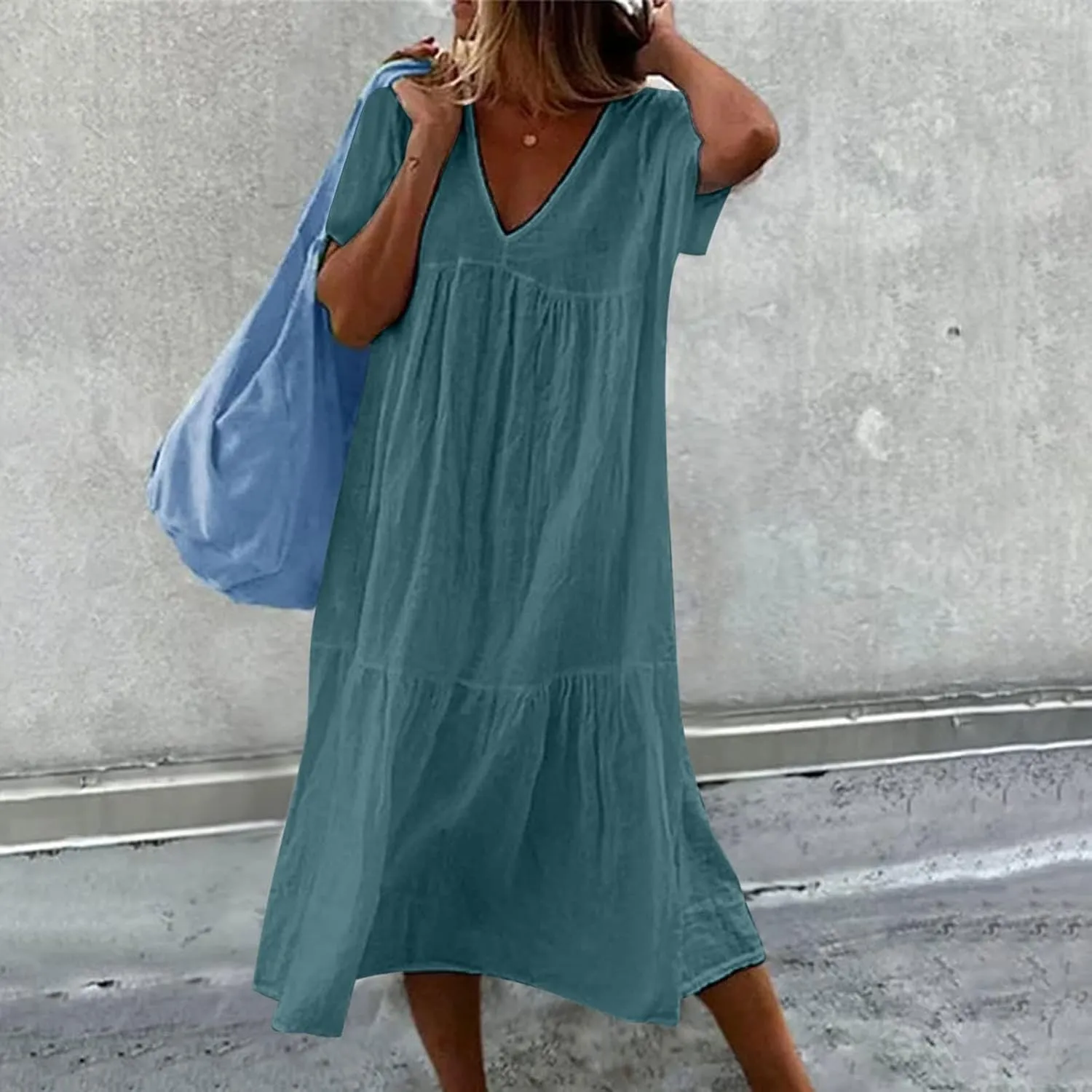 Women's Summer Short Sleeve Casual Dresses V-Neck Linen Loose Flowy Swing Maxi Dress Cute Boho Beach Elegant Sundress