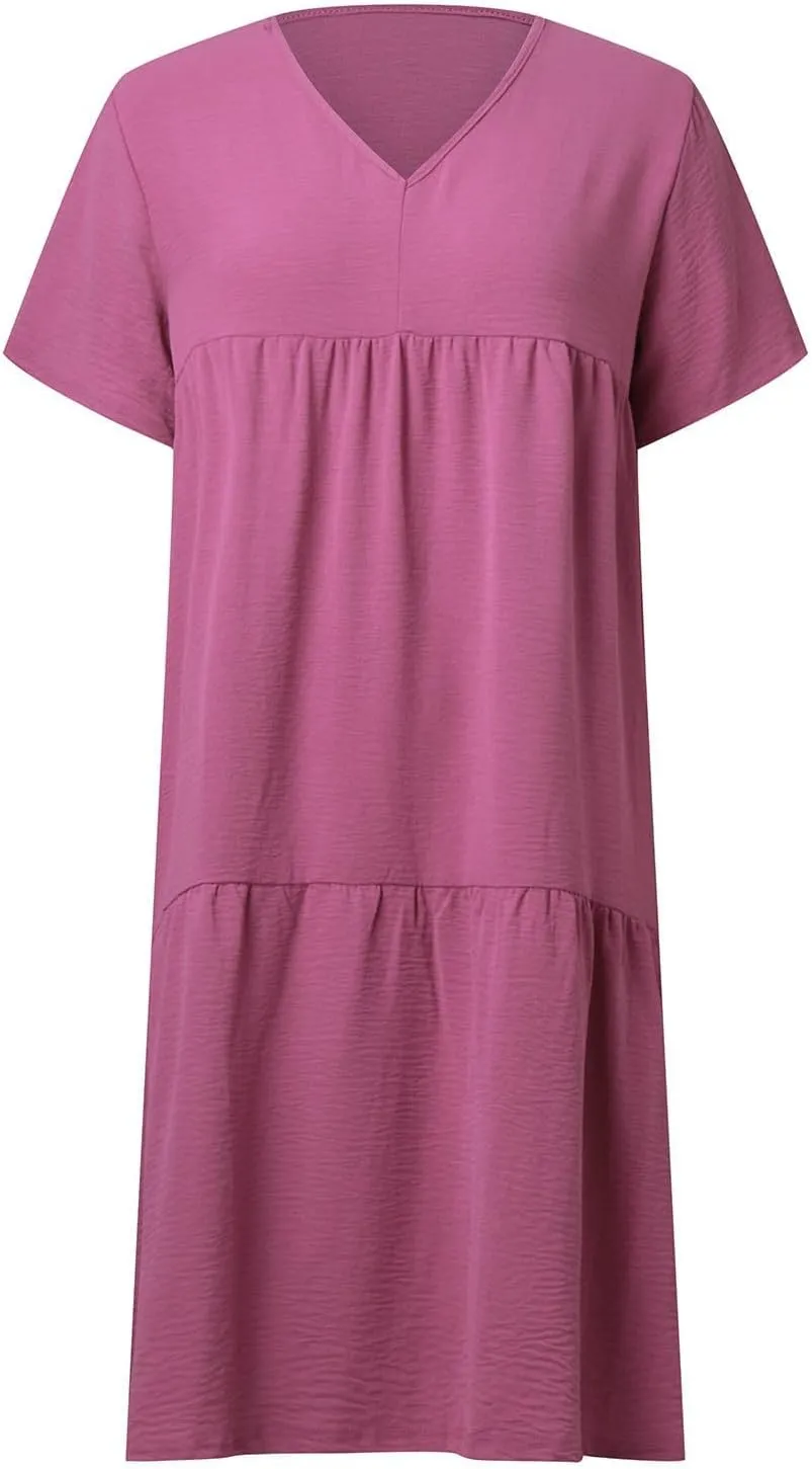 Women's Summer Short Sleeve Casual Dresses V-Neck Linen Loose Flowy Swing Maxi Dress Cute Boho Beach Elegant Sundress