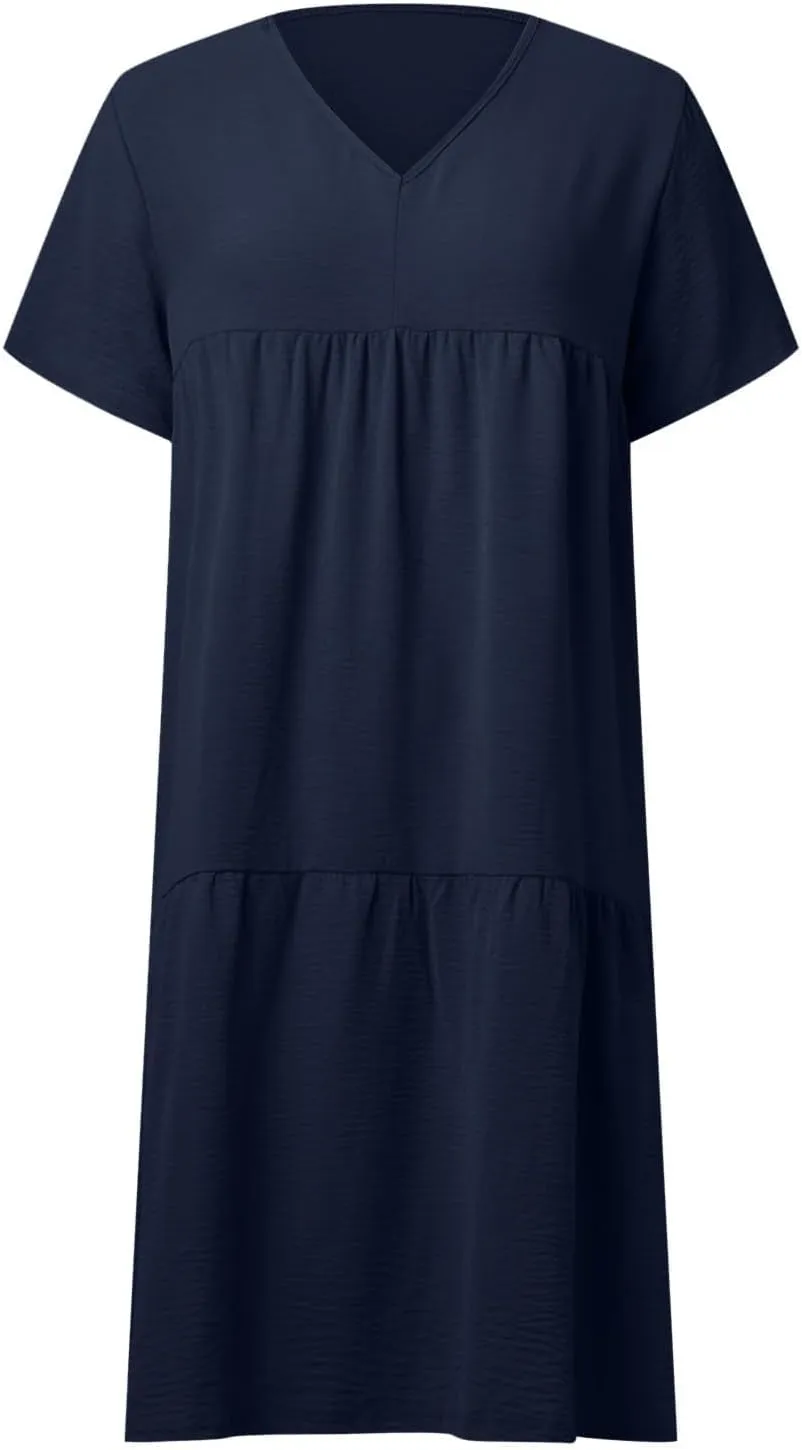 Women's Summer Short Sleeve Casual Dresses V-Neck Linen Loose Flowy Swing Maxi Dress Cute Boho Beach Elegant Sundress