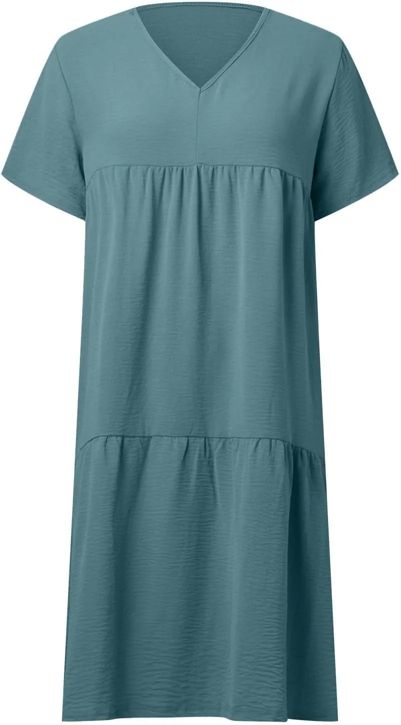 Women's Summer Short Sleeve Casual Dresses V-Neck Linen Loose Flowy Swing Maxi Dress Cute Boho Beach Elegant Sundress