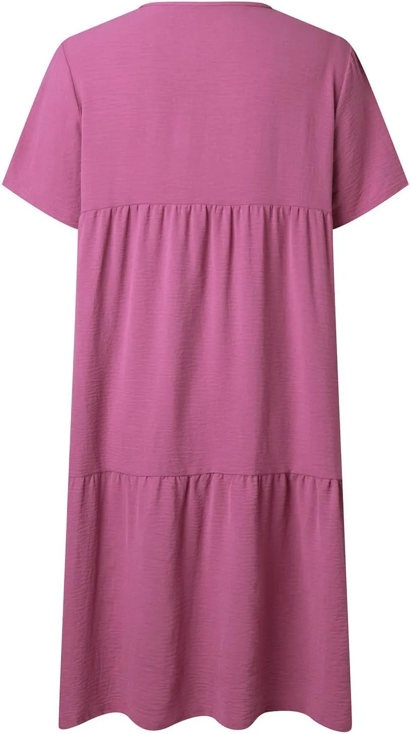 Women's Summer Short Sleeve Casual Dresses V-Neck Linen Loose Flowy Swing Maxi Dress Cute Boho Beach Elegant Sundress