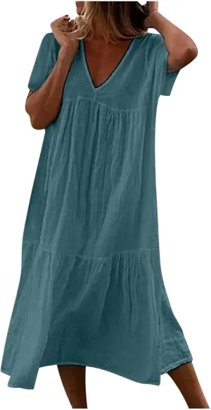 Women's Summer Short Sleeve Casual Dresses V-Neck Linen Loose Flowy Swing Maxi Dress Cute Boho Beach Elegant Sundress