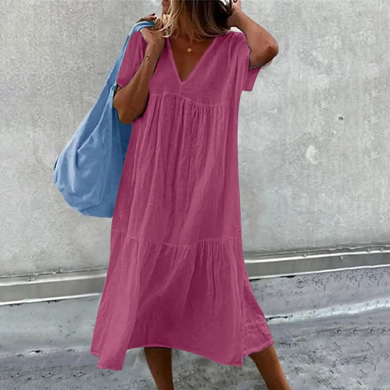 Women's Summer Short Sleeve Casual Dresses V-Neck Linen Loose Flowy Swing Maxi Dress Cute Boho Beach Elegant Sundress