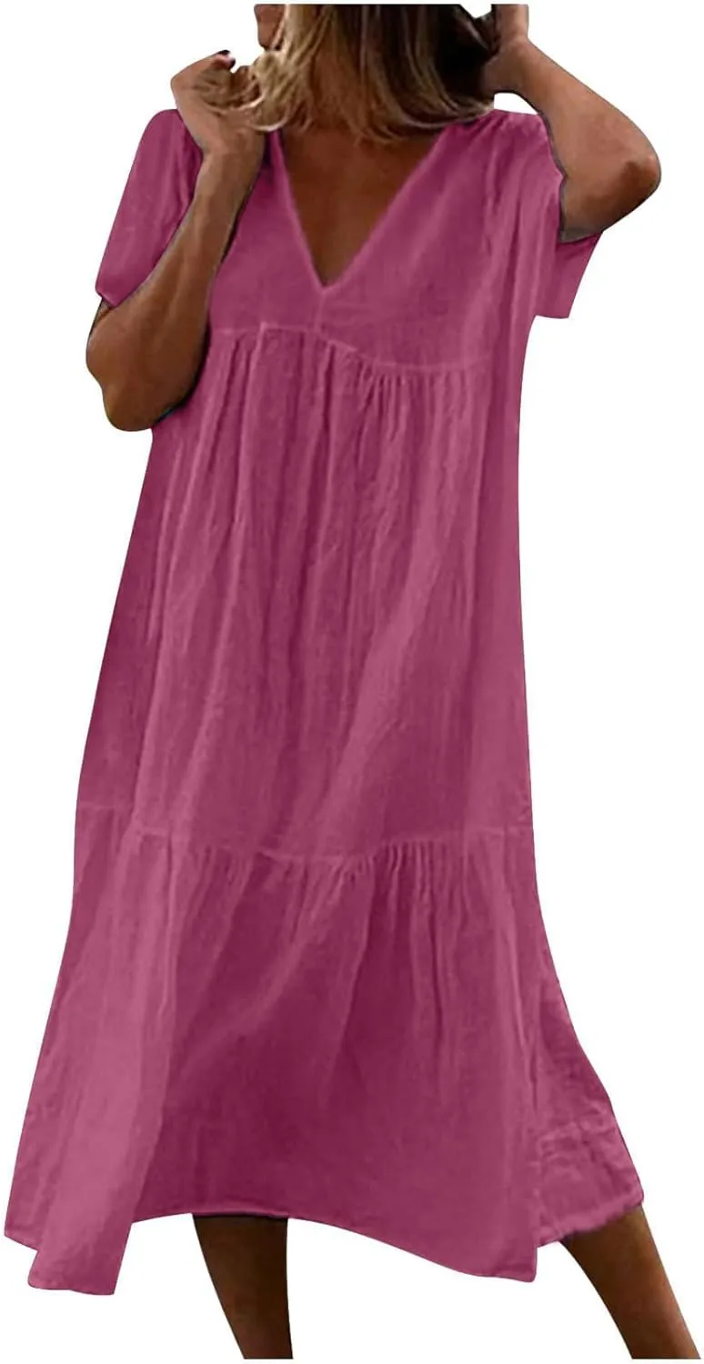 Women's Summer Short Sleeve Casual Dresses V-Neck Linen Loose Flowy Swing Maxi Dress Cute Boho Beach Elegant Sundress