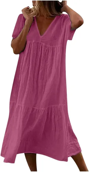 Women's Summer Short Sleeve Casual Dresses V-Neck Linen Loose Flowy Swing Maxi Dress Cute Boho Beach Elegant Sundress