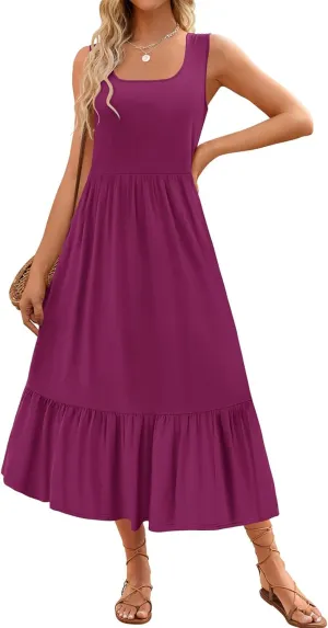 Womens Summer Sleeveless Dresses Casual Loose Plain Maxi Sundress Smocked Tank Dress