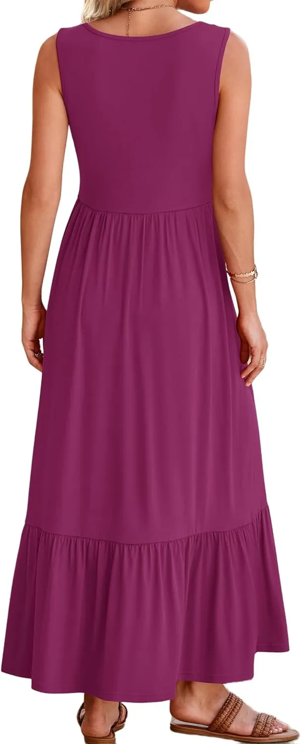 Womens Summer Sleeveless Dresses Casual Loose Plain Maxi Sundress Smocked Tank Dress