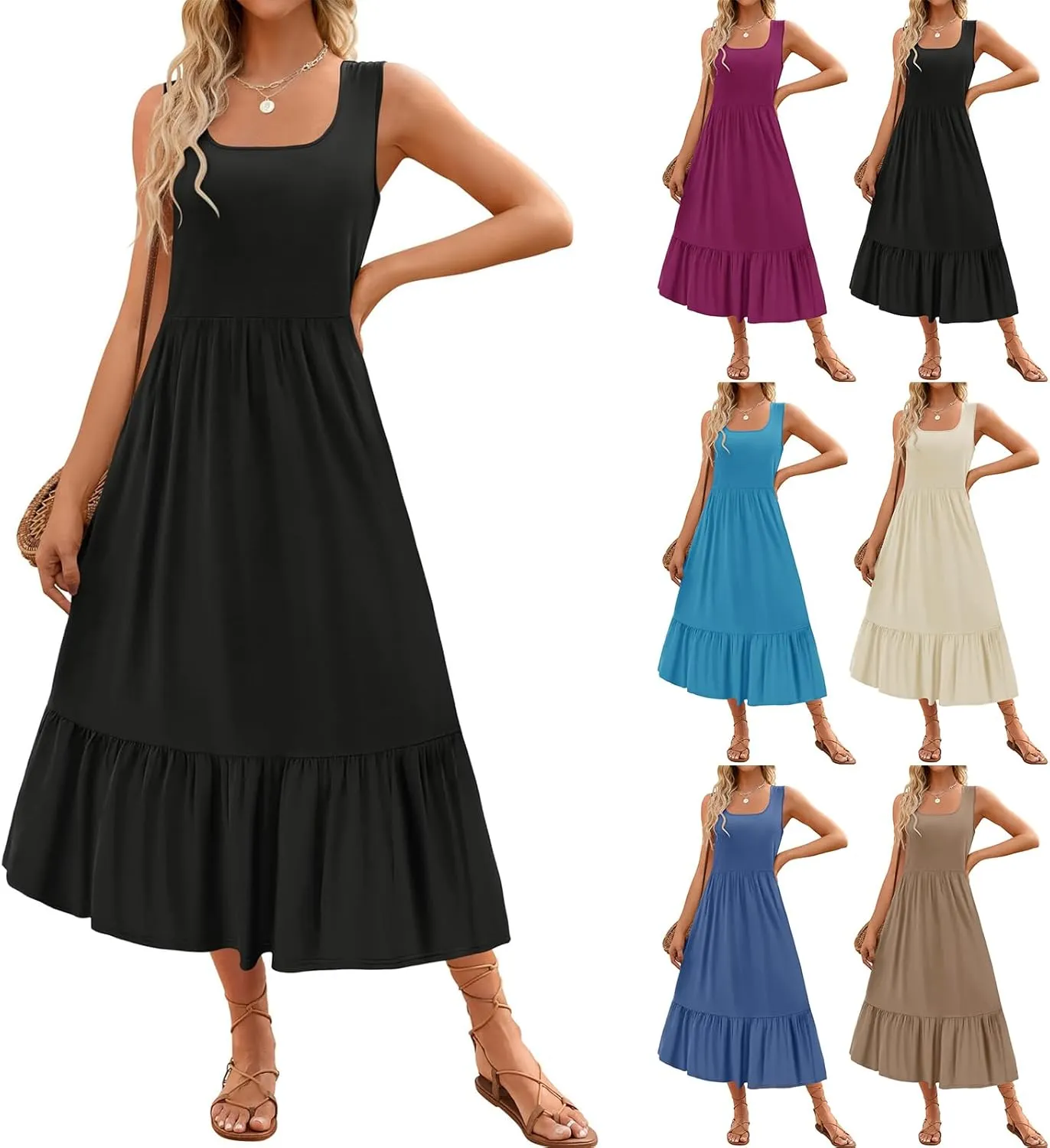 Womens Summer Sleeveless Dresses Casual Loose Plain Maxi Sundress Smocked Tank Dress