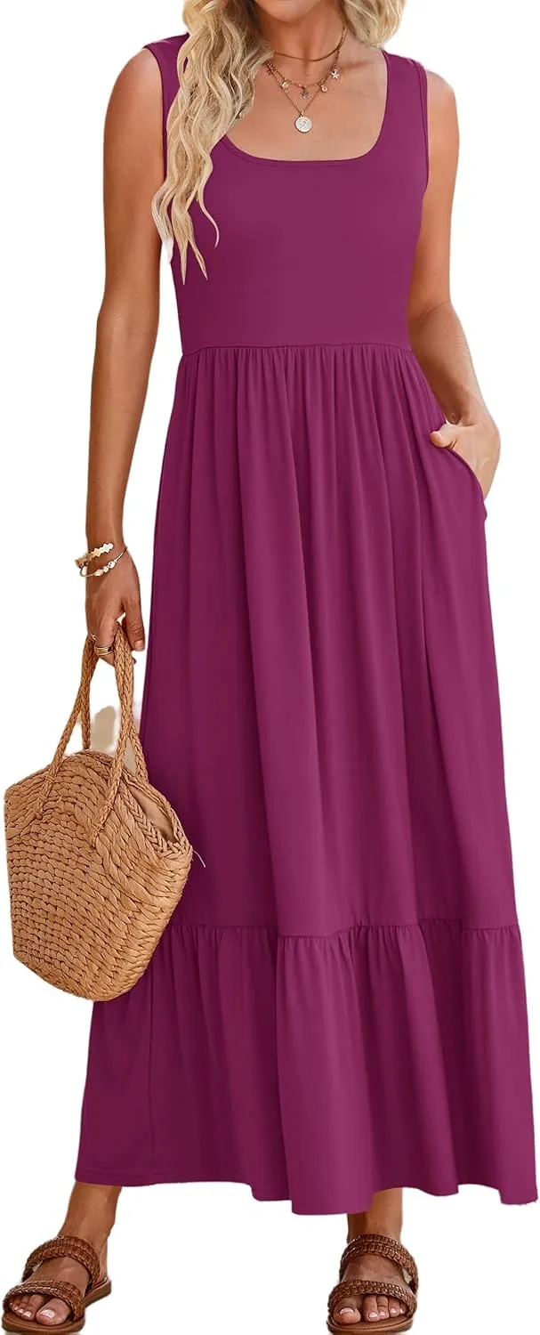 Womens Summer Sleeveless Dresses Casual Loose Plain Maxi Sundress Smocked Tank Dress