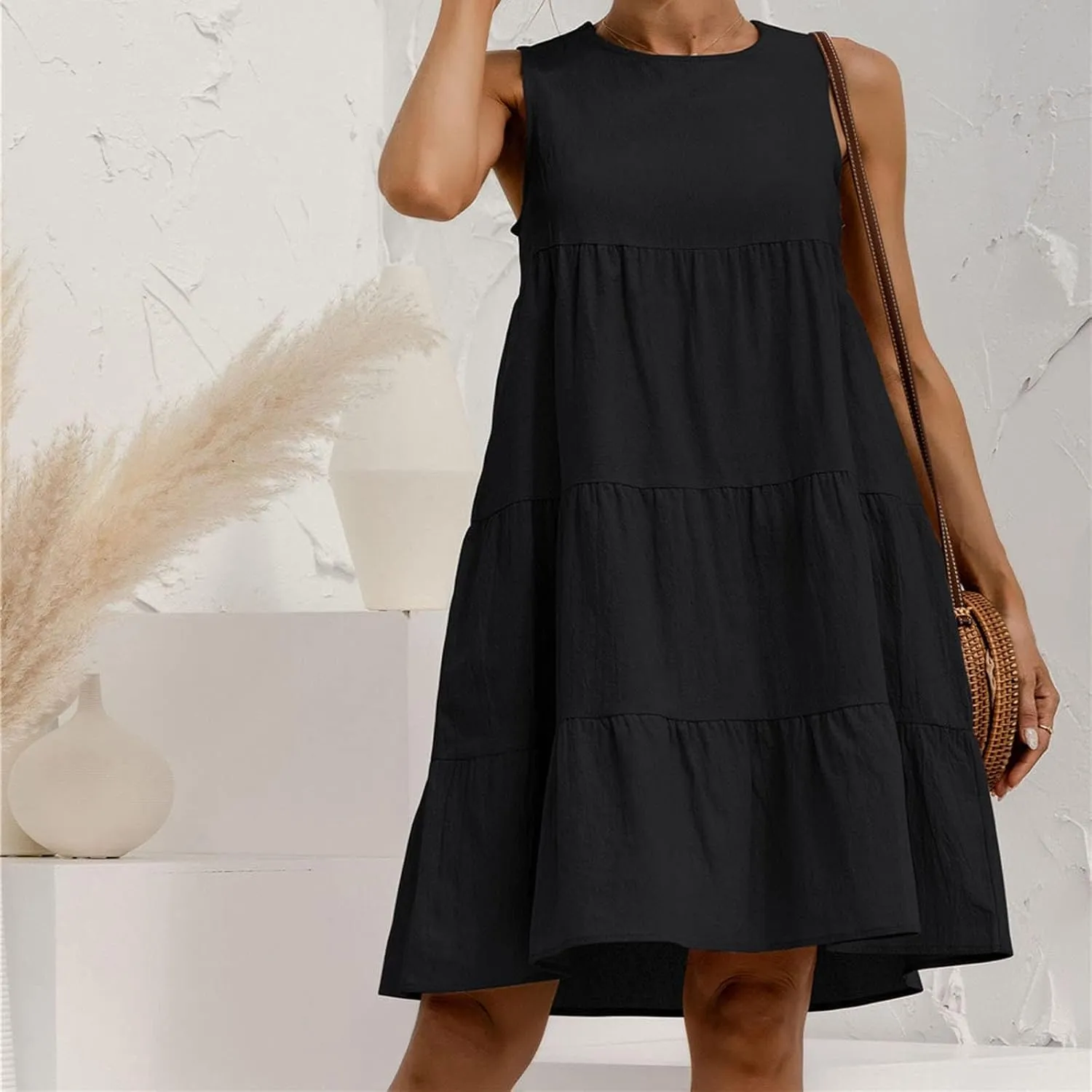 Women's Summer Sleeveless Midi Dresses Linen Round Neck Casual Flowy Pleated Mini Dress Solid Loose Sweet Cute Dress