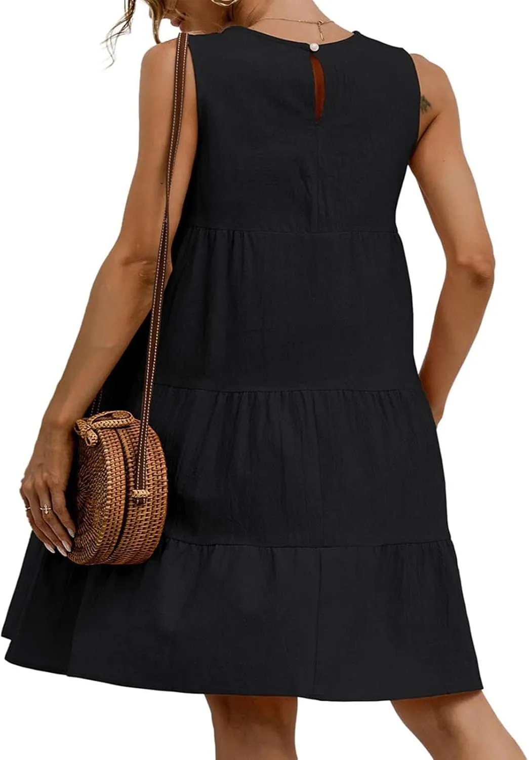 Women's Summer Sleeveless Midi Dresses Linen Round Neck Casual Flowy Pleated Mini Dress Solid Loose Sweet Cute Dress