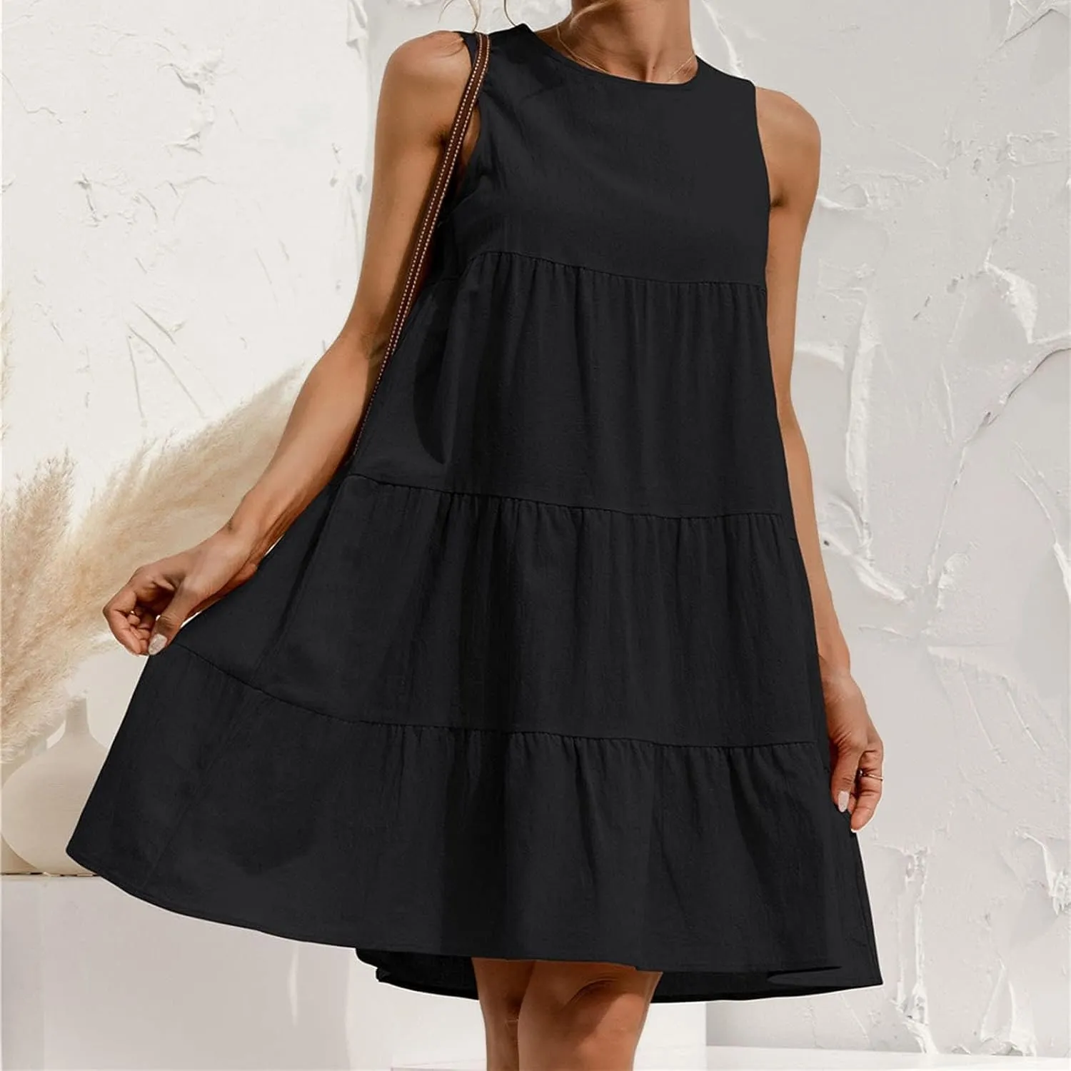 Women's Summer Sleeveless Midi Dresses Linen Round Neck Casual Flowy Pleated Mini Dress Solid Loose Sweet Cute Dress