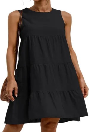 Women's Summer Sleeveless Midi Dresses Linen Round Neck Casual Flowy Pleated Mini Dress Solid Loose Sweet Cute Dress