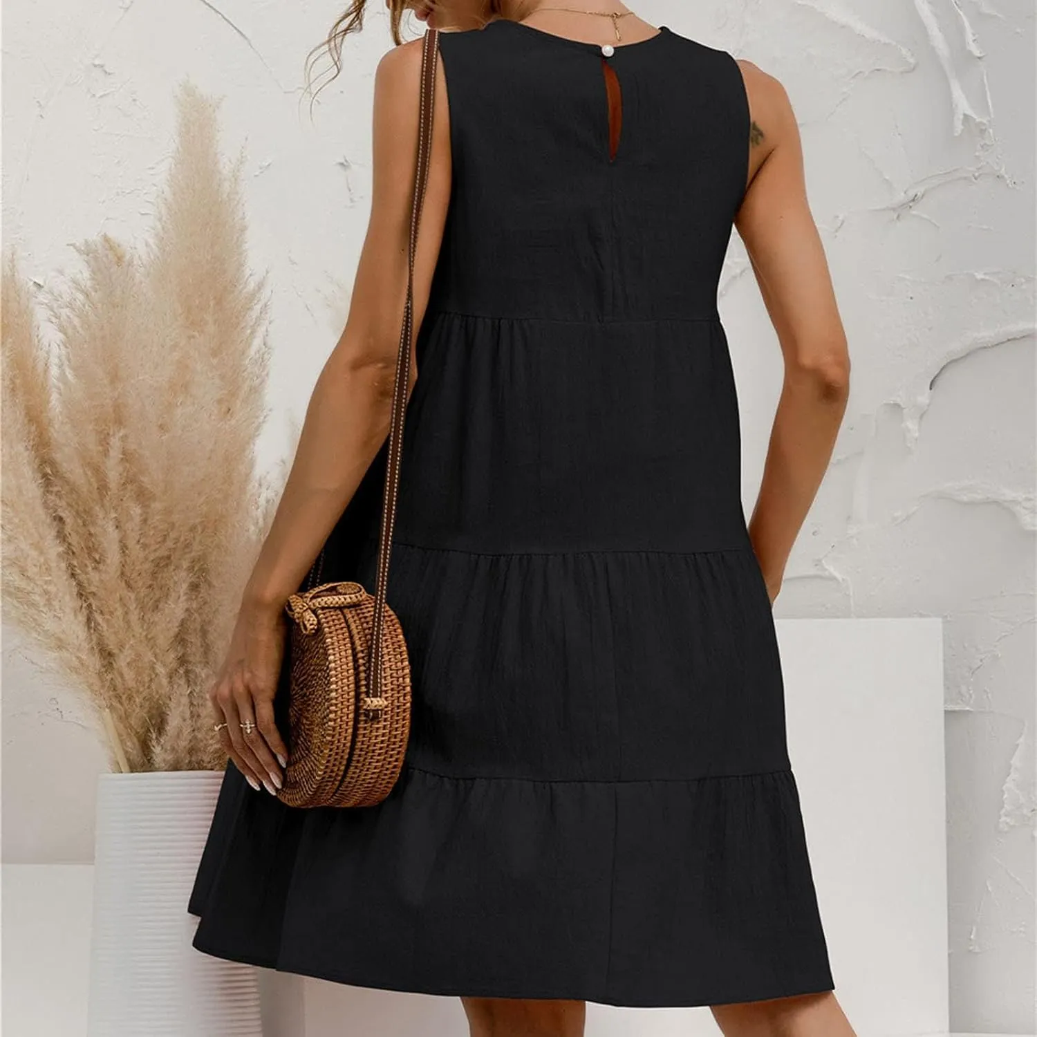 Women's Summer Sleeveless Midi Dresses Linen Round Neck Casual Flowy Pleated Mini Dress Solid Loose Sweet Cute Dress