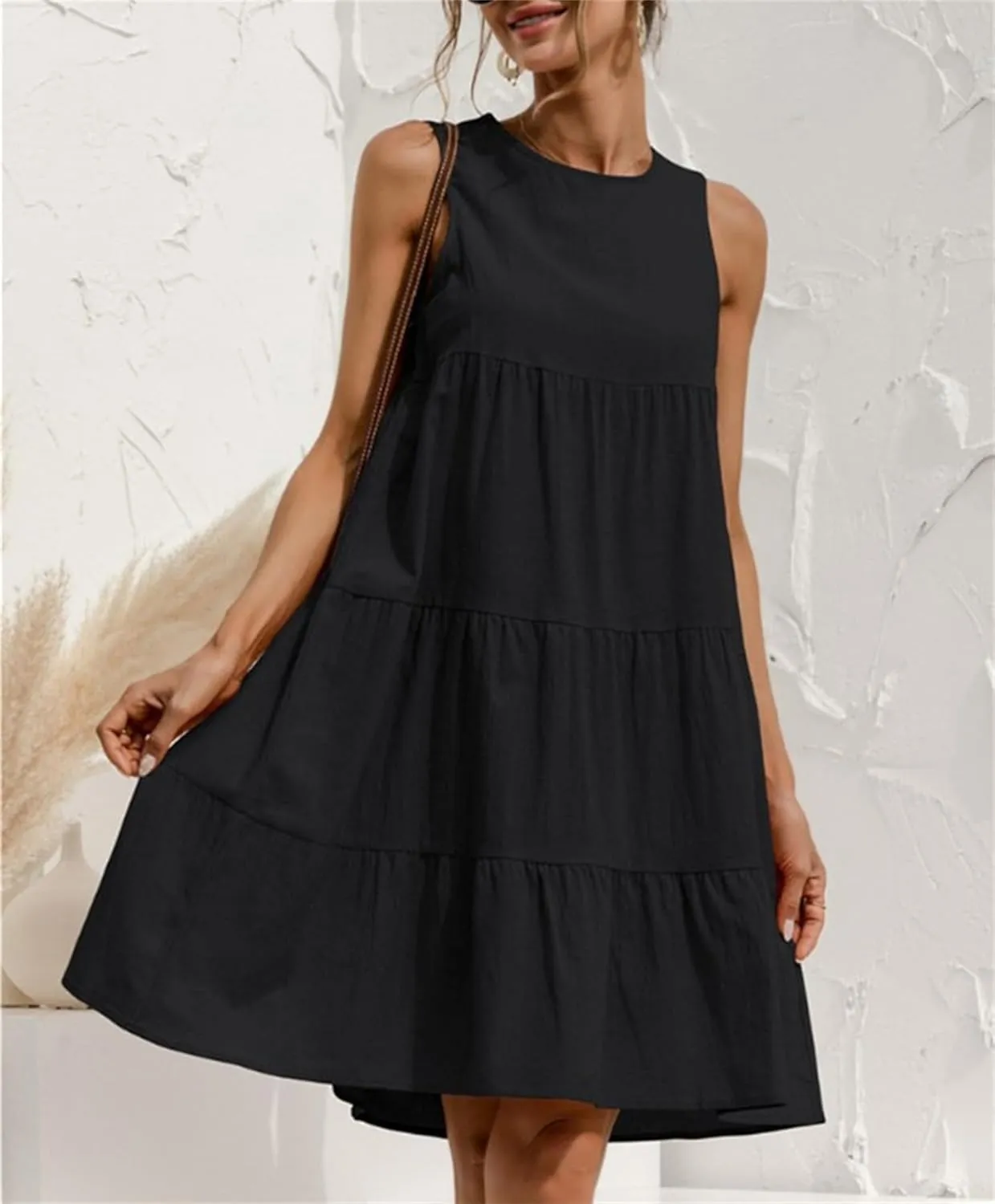 Women's Summer Sleeveless Midi Dresses Linen Round Neck Casual Flowy Pleated Mini Dress Solid Loose Sweet Cute Dress